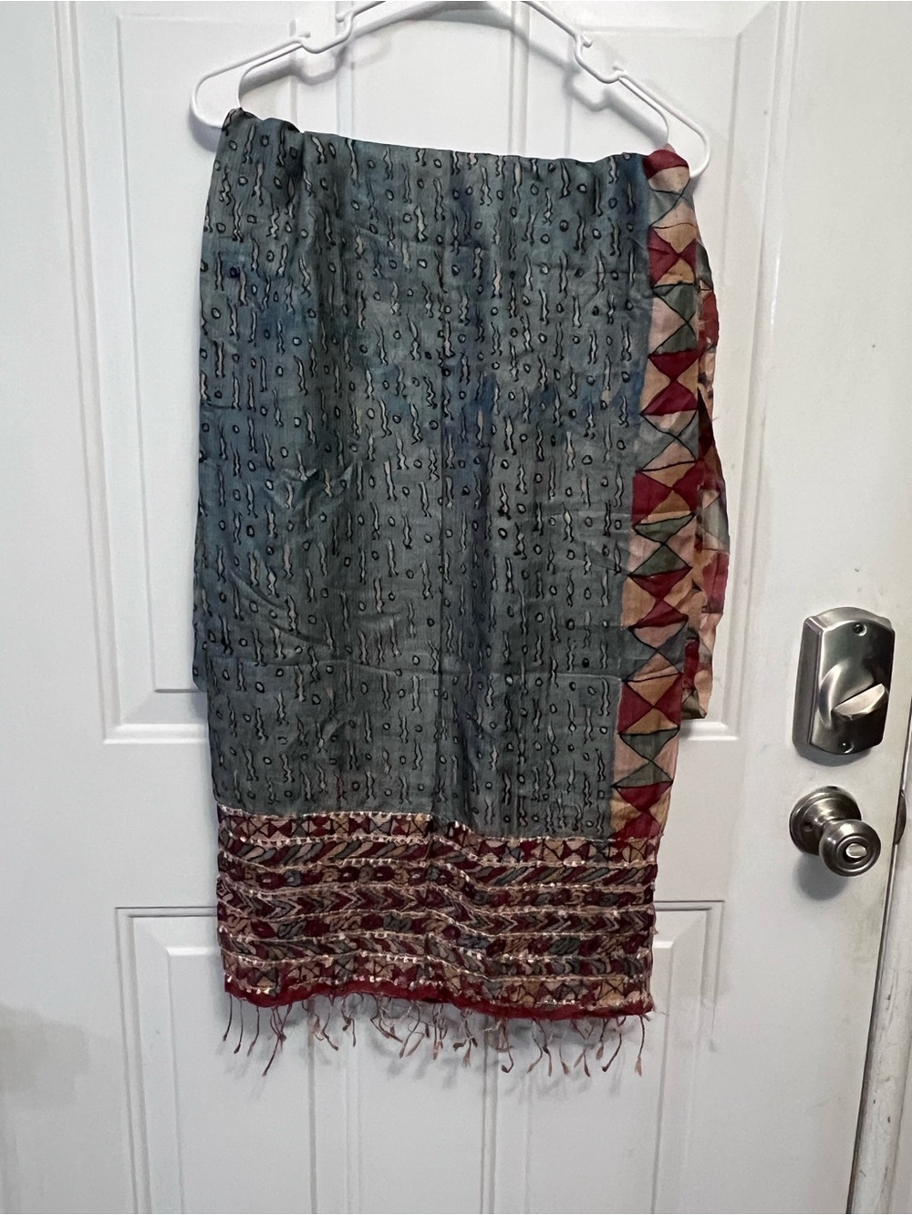 Creative Bee Large Stole Wrap 36x96 Blue Multicolor Handcrafted Textile Fringe